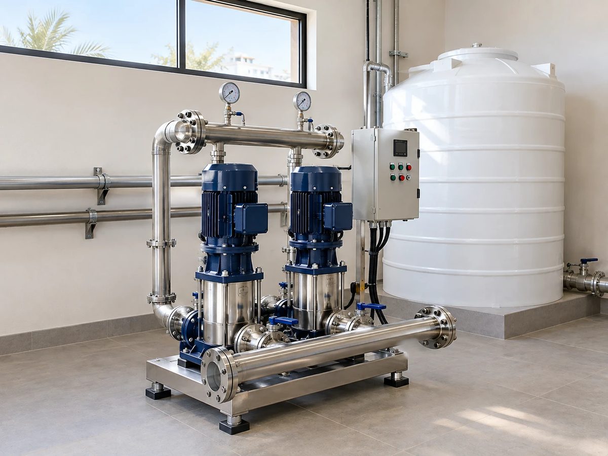 Twin booster pump set with blue electric motors and stainless-steel pipework beside a water storage tank in a villa plant room