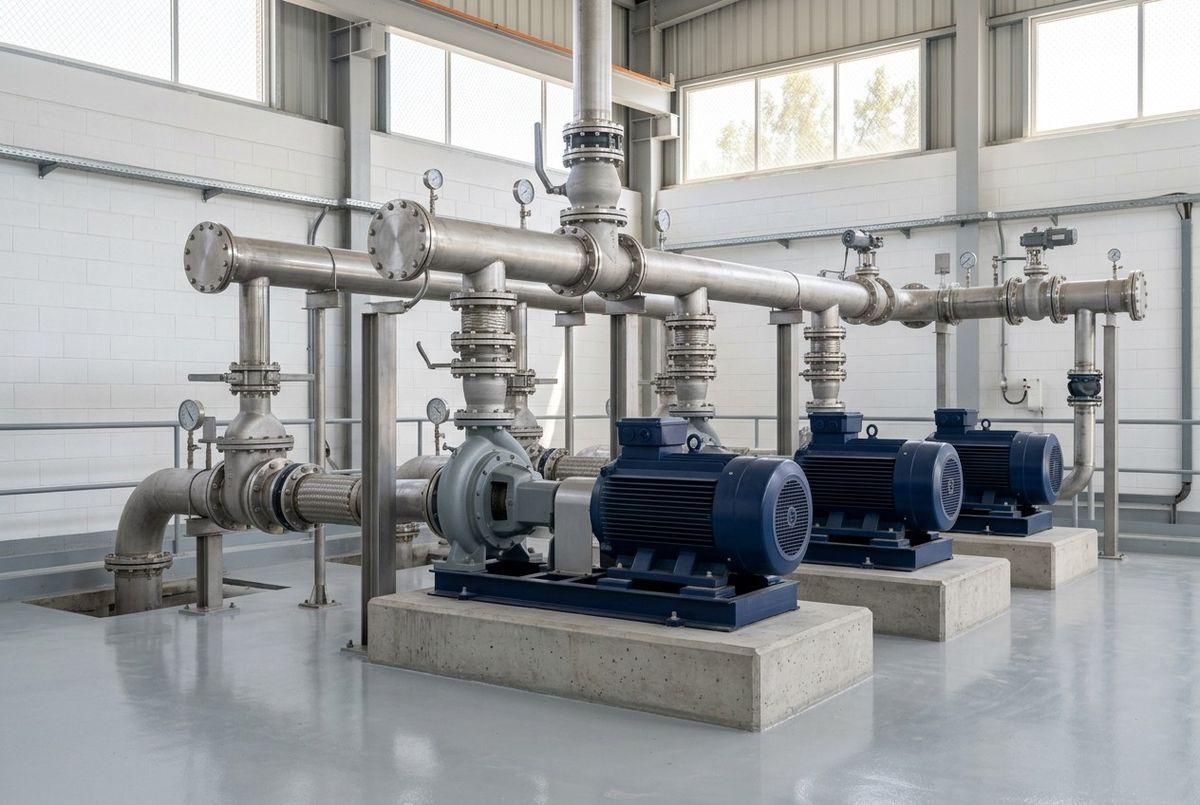 Pumping station with three centrifugal pumps, blue electric motors and stainless-steel headers